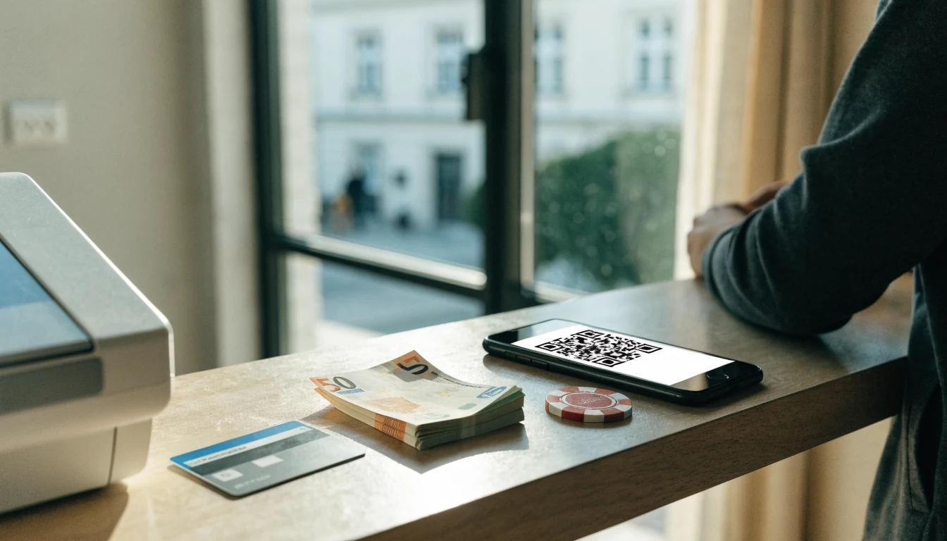 Kreditkarte, Bargeld und QR‑Code auf einer Theke