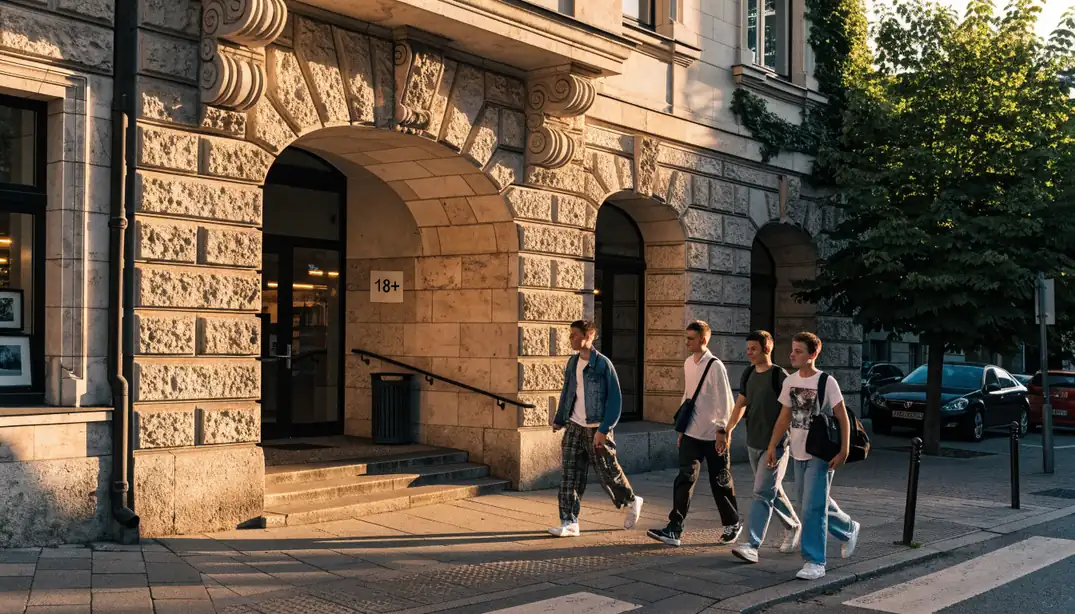 Jugendliche vor Casino‑Eingang mit 18‑Plus‑Hinweis